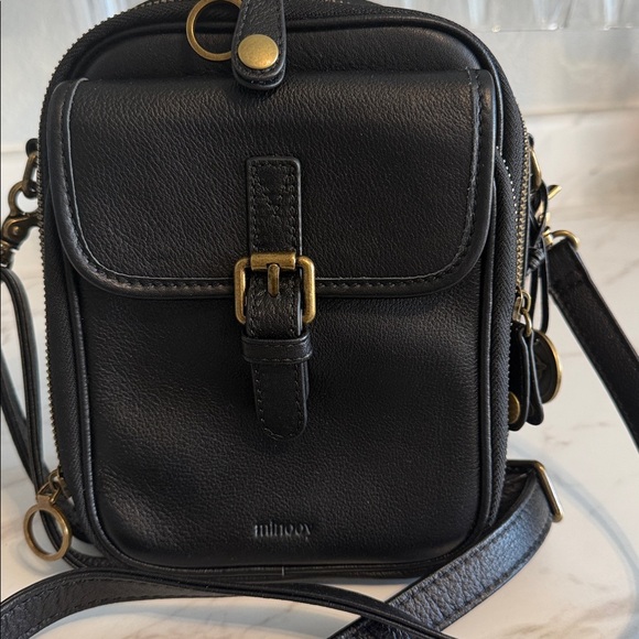 Minooy Black Leather Organizer Crossbody Bag Built-In Wallet Brass Hardware - Picture 14 of 14